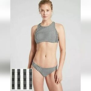 Athleta Stripe Seersucker High Neck Bikini Top, Black/White